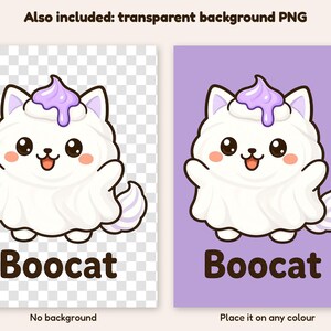 May include: A white cat character wearing a ghost costume with a purple dollop of frosting on its head. The cat has large black eyes, pink cheeks, and a small mouth. Below the cat, the text Boocat is written in a bold, dark brown font.