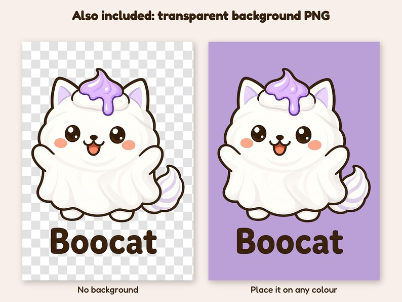 May include: A white cat character wearing a ghost costume with a purple dollop of frosting on its head. The cat has large black eyes, pink cheeks, and a small mouth. Below the cat, the text Boocat is written in a bold, dark brown font.