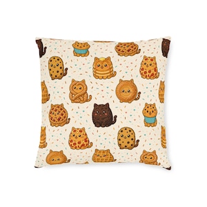 Cute Cat Cushion 18 inch, Cats Made Out of Bakes and Treats, Cream Kawaii Throw Pillow, Cat Lover Gift, Cosy Sofa Cushion, UK Printed image 1
