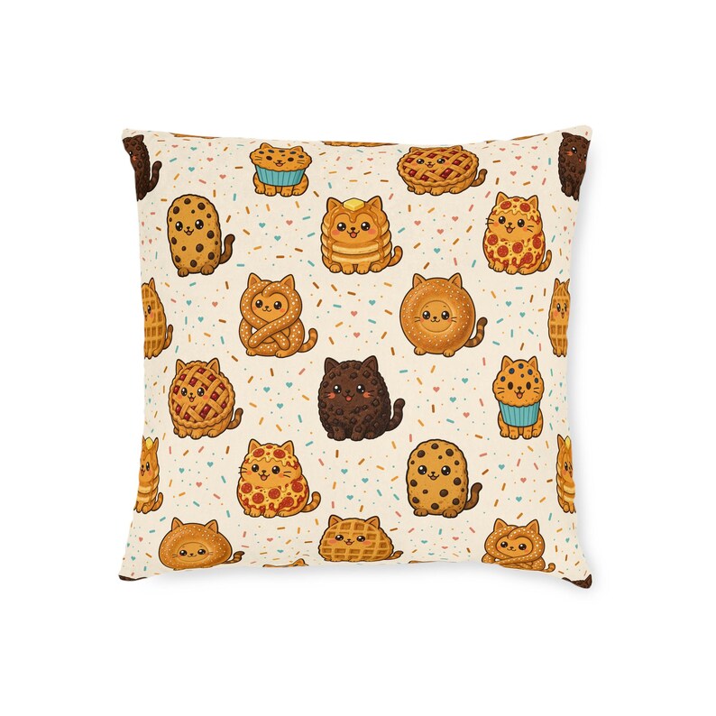 Cute Cat Cushion 18 inch, Cats Made Out of Bakes and Treats, Cream Kawaii Throw Pillow, Cat Lover Gift, Cosy Sofa Cushion, UK Printed image 1