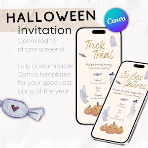 Könnte beinhalten: Zwei Smartphones zeigen digitale Halloween-Einladungsvorlagen mit Illustrationen von Geistern, Kürbissen und Bonbons. Die Bildschirme enthalten Texte wie Trick or Treat, You're invited to my halloween party, Süßes oder Saures und Party-Details.
