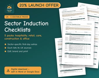Staff Induction Checklists UK | 5 Sector Packs: Hospitality, Retail, Care, Construction & Office | Editable Word | Add Your Logo
