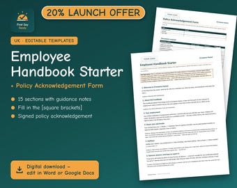 Employee Handbook Template UK | Staff Handbook Starter + Policy Acknowledgement Form | Small Business | Editable Word & Google Docs