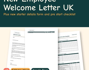 Sjabloon voor welkomstbrief nieuwe medewerker (VK), formulier met gegevens nieuwe medewerker en checklist voor aanvang, onboardingbrief, bewerkbaar Word-bestand