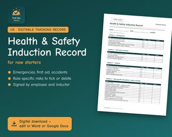 Introductieformulier Gezondheid en Veiligheid VK | Checklist voor nieuwe medewerkers met betrekking tot gezondheid en veiligheid | Bewerkbaar in Word en Google Docs | Klein bedrijf
