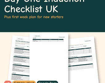 Introductiechecklist voor nieuwe medewerkers in het VK, sjabloon voor een checklist voor de eerste dag en een plan voor de eerste week, voor nieuwe medewerkers, bewerkbaar Word-bestand