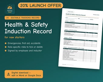 Health and Safety Induction Record UK | New Starter H&S Training Checklist Template | Editable Word and Google Docs | Small Business