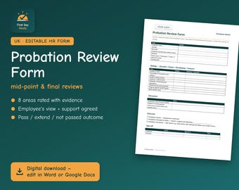 Evaluatieformulier proeftijd VK | Sjabloon voor evaluatie proeftijd werknemer | Bewerkbaar in Word en Google Docs | Voeg uw logo toe | HR voor kleine bedrijven