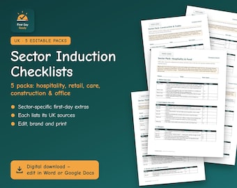 Staff Induction Checklists UK | 5 Sector Packs: Hospitality, Retail, Care, Construction & Office | Editable Word | Add Your Logo