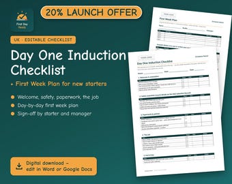 Day One Induction Checklist UK | New Starter First Day & First Week Plan Template | Editable Word and Google Docs | Add Your Logo