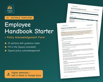 Sjabloon voor personeelshandboek VK | Starter personeelshandboek + formulier voor beleidsbevestiging | Klein bedrijf | Bewerkbaar in Word en Google Docs