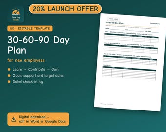30 60 90 Day Plan Template | New Employee Onboarding Plan UK | Editable Word & Google Docs | Add Your Logo | Small Business