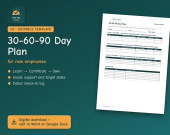Sjabloon voor een 30-, 60- en 90-dagenplan | Inwerkplan voor nieuwe medewerkers in het VK | Bewerkbaar in Word en Google Docs | Voeg uw logo toe | MKB
