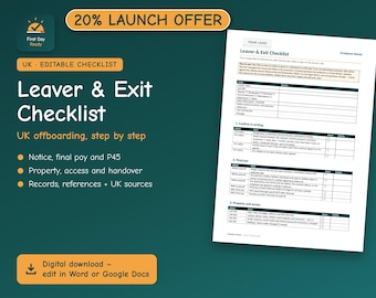 Leaver Checklist UK | Employee Exit & Offboarding Template | Final Pay, P45, Handover | Editable Word and Google Docs | Add Your Logo