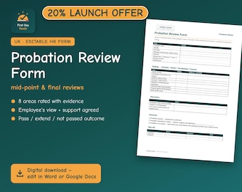 Probation Review Form UK | Employee Probation Period Review Template | Editable Word & Google Docs | Add Your Logo | Small Business HR