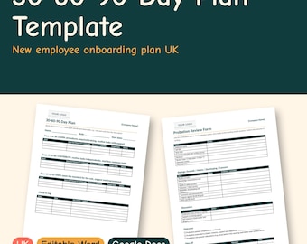 Sjabloon voor een 30-, 60- en 90-dagenplan voor een nieuwe medewerker, onboardingplan voor een nieuwe werknemer of manager, bewerkbaar in Word en Google Docs (VK).