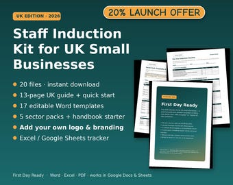 Staff Induction Pack UK | Onboarding Checklist, Employee Handbook, Probation Review | Add Your Own Logo & Branding | Small Business HR