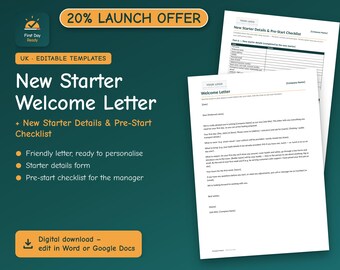 New Employee Welcome Letter Template UK | New Starter Details Form & Pre-Start Checklist | Editable Word and Google Docs | Add Logo
