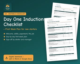 Checklist voor de eerste dag van je introductie in het VK | Sjabloon voor de eerste dag en eerste week van je nieuwe medewerker | Bewerkbaar in Word en Google Docs | Voeg je logo toe