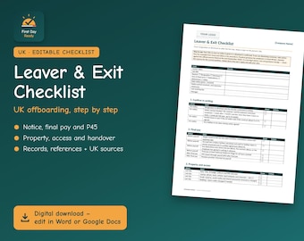Checklist voor vertrekkende werknemers in het VK | Sjabloon voor vertrek en offboarding | Eindloon, P45, overdracht | Bewerkbaar in Word en Google Docs | Voeg uw logo toe