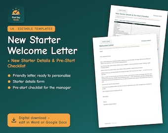 Welkomstbrief voor nieuwe medewerkers (VK) | Formulier met gegevens nieuwe medewerker & checklist voor aanvang | Bewerkbaar in Word en Google Docs | Logo toevoegen