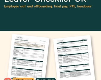 Checklist voor vertrekkende werknemers (VK), checklist voor het verlaten van het bedrijf en offboarding, exitgesprek, eindafrekening en P45, bewerkbaar Word-bestand