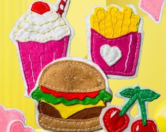 Filzflicken-Schnittmuster-Set (PDF) | 5 kleine Handnähprojekte für Anfänger | Druckbare Schnittmuster & Anleitung | Filzserie „Retro Snack Club“