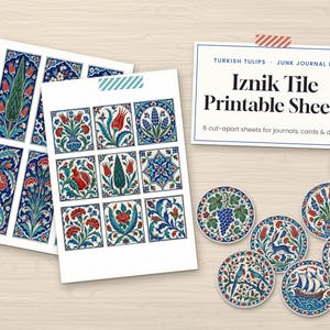 May include: A junk journal kit featuring Iznik Tile Printable Sheets with Turkish Tulips. The set includes 6 cut-apart sheets and circular cutouts displaying floral, fruit, animal, and ship motifs in blue, red, and green on a white background.