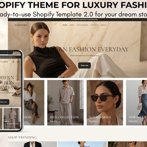 May include: A Shopify website template for luxury fashion featuring a mobile phone display and a desktop interface. The design includes sections for collections, accessories, and new arrivals with text overlays like MODERN FASHION EVERYDAY.