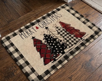 Christmas Tree Kitchen Rugs Set, Buffalo Plaid Christmas Mats, Red Black Holiday Rug, Festive Kitchen Runner, Christmas Home Decor