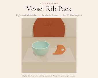 Puede incluir: El set de archivos digitales Cusp & Curves Vessel Rib Pack incluye 84 archivos STL para 14 costillas en 3 tamaños. La imagen muestra un cuenco verde claro y una herramienta de alfarería naranja junto a un arco naranja con el logo C&C.