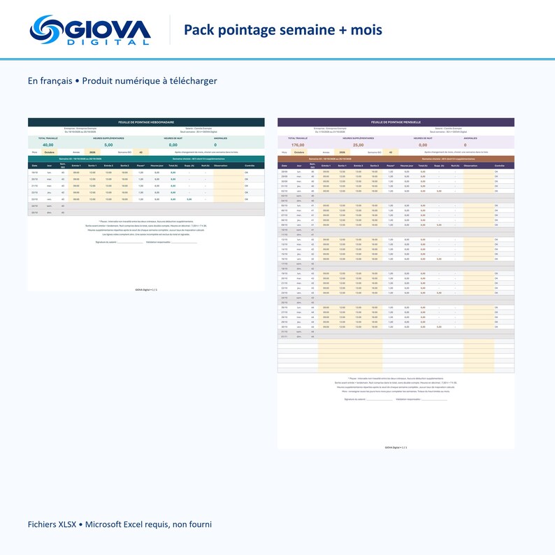 French weekly and monthly Excel time tracking package, overtime calculation for night shifts, month, year, and week format (ISO), 4 files image 1