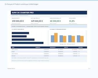 Excel PRO Construction Site Tracking: Budget, Costs, Schedule and Margin | French Template