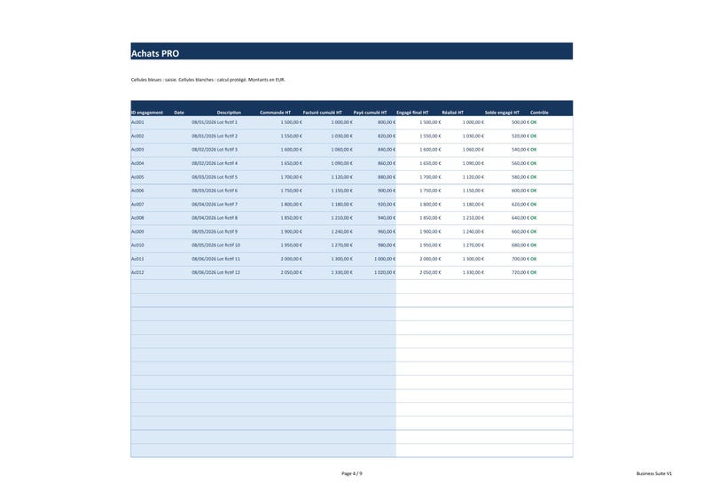 Peut inclure: Un tableau de suivi des achats professionnels intitul&eacute; Achats PRO, pr&eacute;sentant des colonnes pour l'ID d'engagement, la date, la description, le montant de la commande, la facture, le paiement cumul&eacute;, l'engagement et le solde.