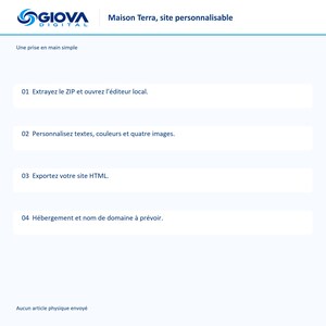 K&ouml;nnte beinhalten: Ein digitales Anleitungsblatt f&uuml;r Maison Terra, eine anpassbare Website-Vorlage von Giova Digital. Das Dokument beschreibt vier Schritte zur Einrichtung, einschlie&szlig;lich des Entpackens einer ZIP-Datei, der Inhaltsanpassung, des HTML-Exports und Hosting-Anforderungen.