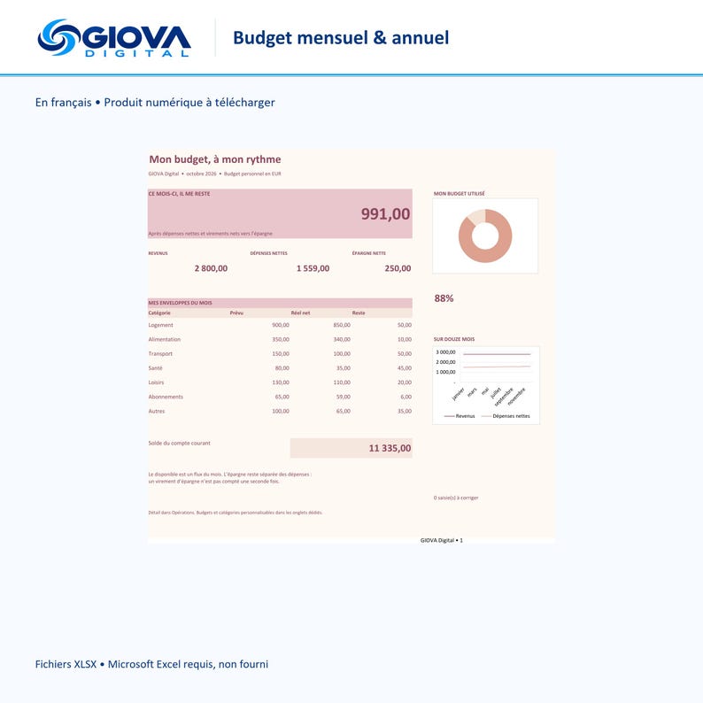 Budget mensuel et annuel Excel, suivi revenus dépenses et épargne, tableau de bord personnel français personnalisable afbeelding 1