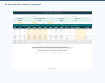Feuille de pointage hebdomadaire Excel français, calcul heures supplémentaires et nuit, mois année semaine ISO, A4