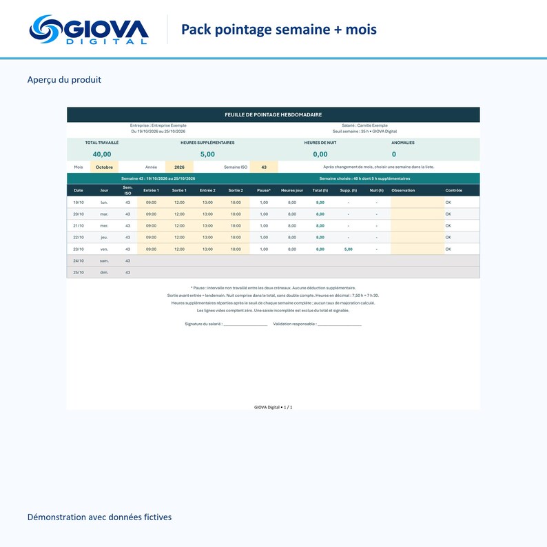 French weekly and monthly Excel time tracking package, overtime calculation for night shifts, month, year, and week format (ISO), 4 files image 2