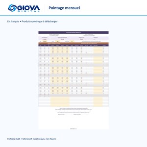 May include: A digital monthly timesheet template by Giova Digital featuring a structured table with columns for dates, work hours, breaks, and totals. The document includes a header with the text Pointage mensuel and summary fields for total hours worked, overtime, and absences.
