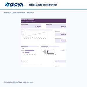 Excel spreadsheet for self-employed individuals, income, expenses and cash flow, monthly and annual dashboard, French, plum and lavender