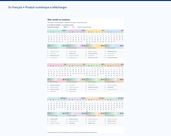 Calendrier annuel Excel français, 12 mois réutilisables, planning pastel avec tâches et progression, modèle vierge et démo