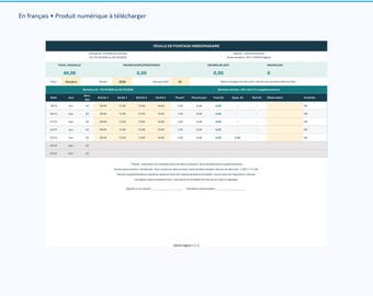 Feuille de pointage hebdomadaire Excel français, calcul heures supplémentaires et nuit, mois année semaine ISO, A4
