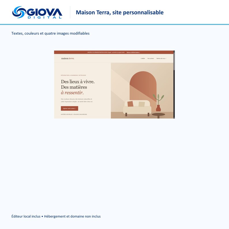 K&ouml;nnte beinhalten: Eine digitale Website-Vorlage namens Maison Terra mit anpassbarem Text, Farben und vier Bildern. Das Layout zeigt ein beiges und terrakottafarbenes Farbschema mit einer Grafik eines Sofas, einer Pflanze und eines Tisches sowie dem Text Des lieux &agrave; vivre. Des mati&egrave;res &agrave; ressentir.
