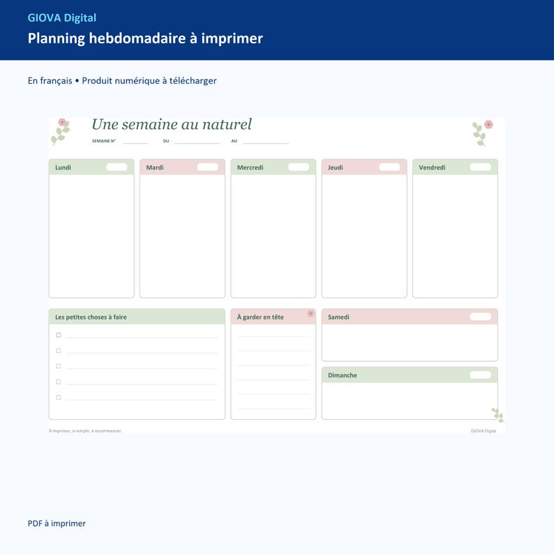 Planning hebdomadaire à imprimer A4, agenda frigo non daté, vert sauge et rose pastel, PDF français image 1