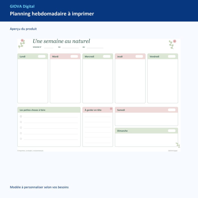 Planning hebdomadaire à imprimer A4, agenda frigo non daté, vert sauge et rose pastel, PDF français image 2