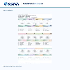 May include: A digital annual Excel calendar template by Giova Digital titled Mon ann&eacute;e en couleurs. The layout features twelve months organized in a grid with task lists, progress bars, and percentage completion indicators for each month.