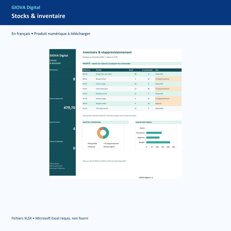 Gestion des stocks Excel, inventaire et mouvements, alertes réapprovisionnement, tableau de bord français personnalisable imagen 1