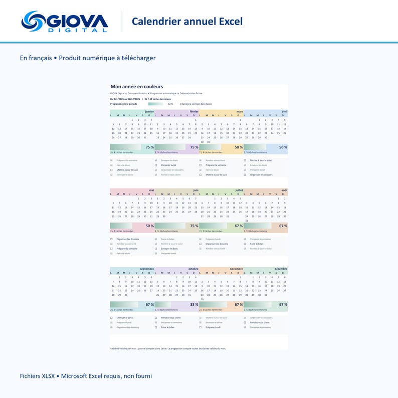 May include: A digital annual calendar template for Microsoft Excel titled Mon ann&eacute;e en couleurs. The layout features twelve months organized in a grid with progress bars, percentage indicators, and task checklists for each month, presented in a clean, organized format.