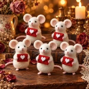 Felt Mouse Figurine with Heart Envelope, Cute Mouse Decor, Valentine Gift, Romantic Animal Ornament