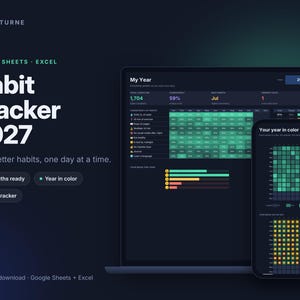 May include: A digital habit tracker template for Google Sheets and Excel titled Nocturne Habit Tracker 2027. The interface displays a dark theme with green data visualizations, monthly consistency charts, a mood tracker, and a year-in-color grid.